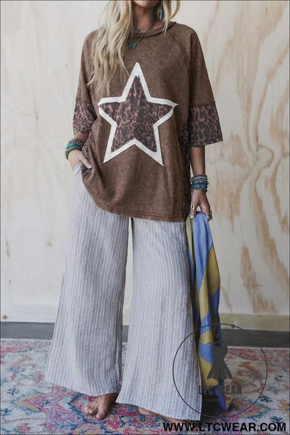 Coffee mineral wash exposed seam leopard star patched t shirt - tops & tees