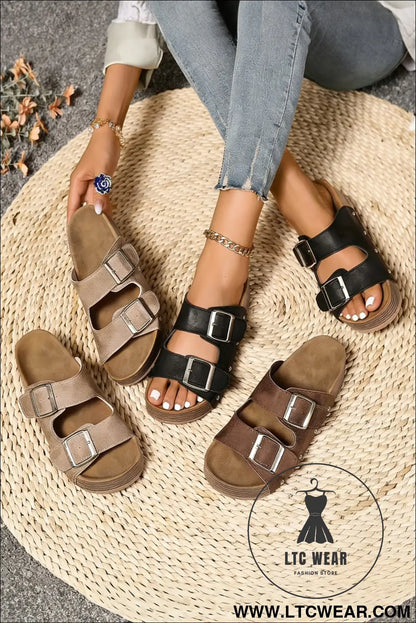 Coffee Retro Double Buckle PU Leather Faux Suede Platform Slippers - L.T.C Wear Online Fashion Store