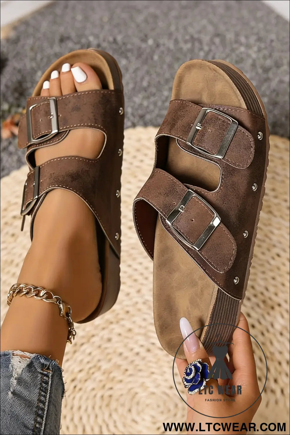 Coffee Retro Double Buckle PU Leather Faux Suede Platform Slippers - L.T.C Wear Online Fashion Store