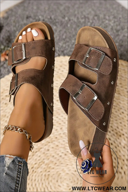 Coffee Retro Double Buckle PU Leather Faux Suede Platform Slippers - L.T.C Wear Online Fashion Store