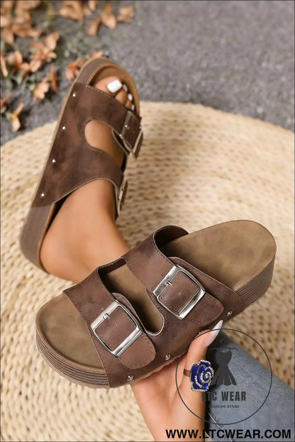 Coffee Retro Double Buckle PU Leather Faux Suede Platform Slippers