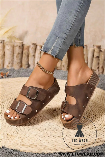Coffee Retro Double Buckle PU Leather Faux Suede Platform Slippers