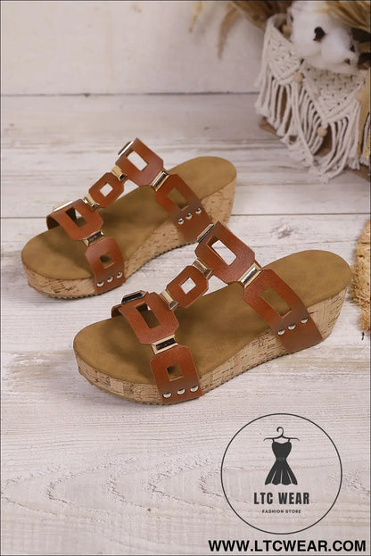 Coffee Retro Hollowed PU Leather Wedge Platform Slippers - L.T.C Wear Online Fashion Store