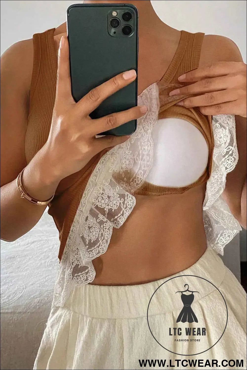Coffee Ribbed Knit Sweet Lace Hem Vest