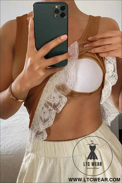 Coffee Ribbed Knit Sweet Lace Hem Vest