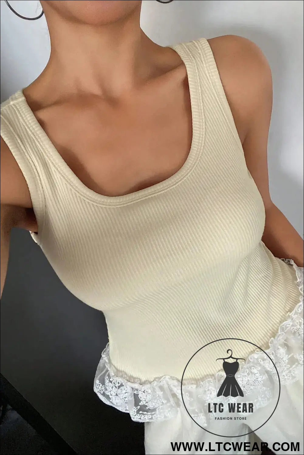 Coffee Ribbed Knit Sweet Lace Hem Vest - L.T.C Wear Online Fashion Store