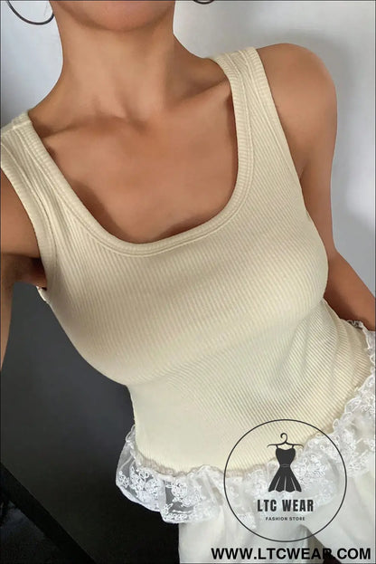 Coffee Ribbed Knit Sweet Lace Hem Vest - L.T.C Wear Online Fashion Store