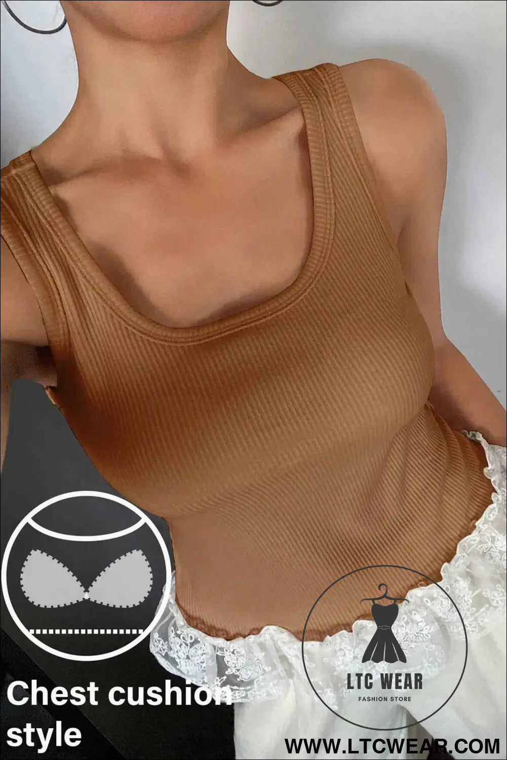 Coffee Ribbed Knit Sweet Lace Hem Vest