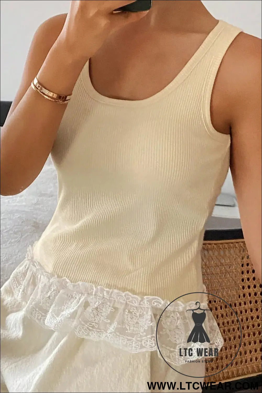Coffee Ribbed Knit Sweet Lace Hem Vest - L.T.C Wear Online Fashion Store