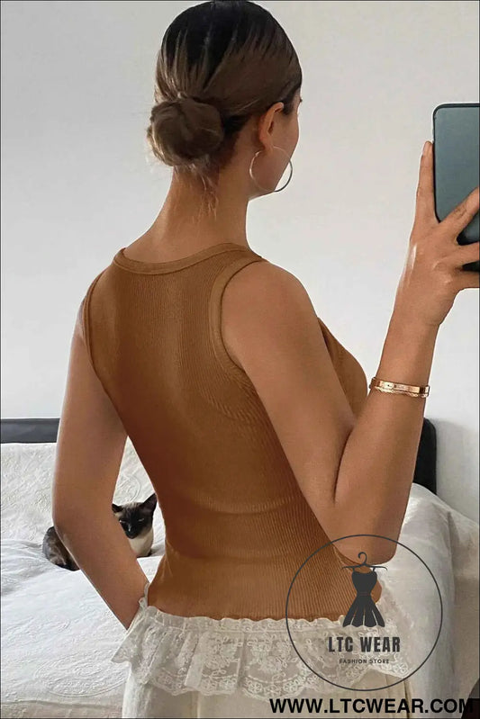 Coffee Ribbed Knit Sweet Lace Hem Vest