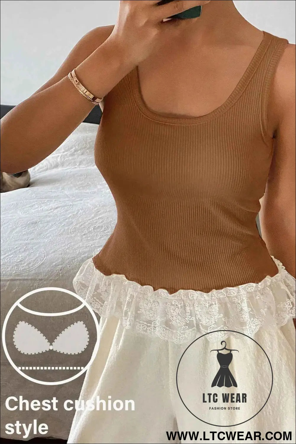 Coffee Ribbed Knit Sweet Lace Hem Vest