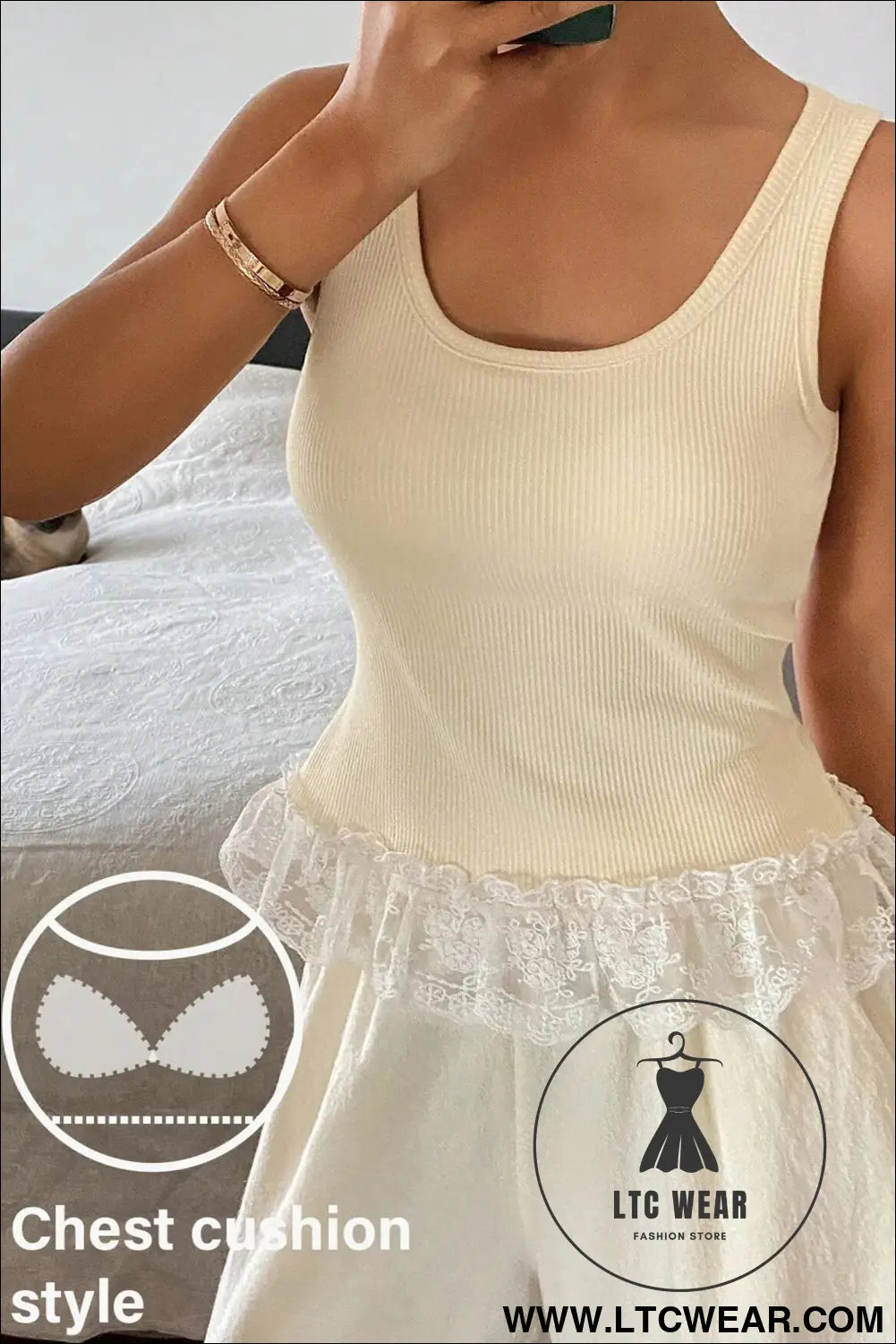 Coffee Ribbed Knit Sweet Lace Hem Vest - L.T.C Wear Online Fashion Store