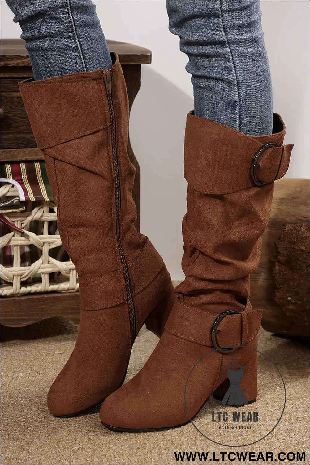 Coffee suede double buckled side zipped mid-calf boots - boots