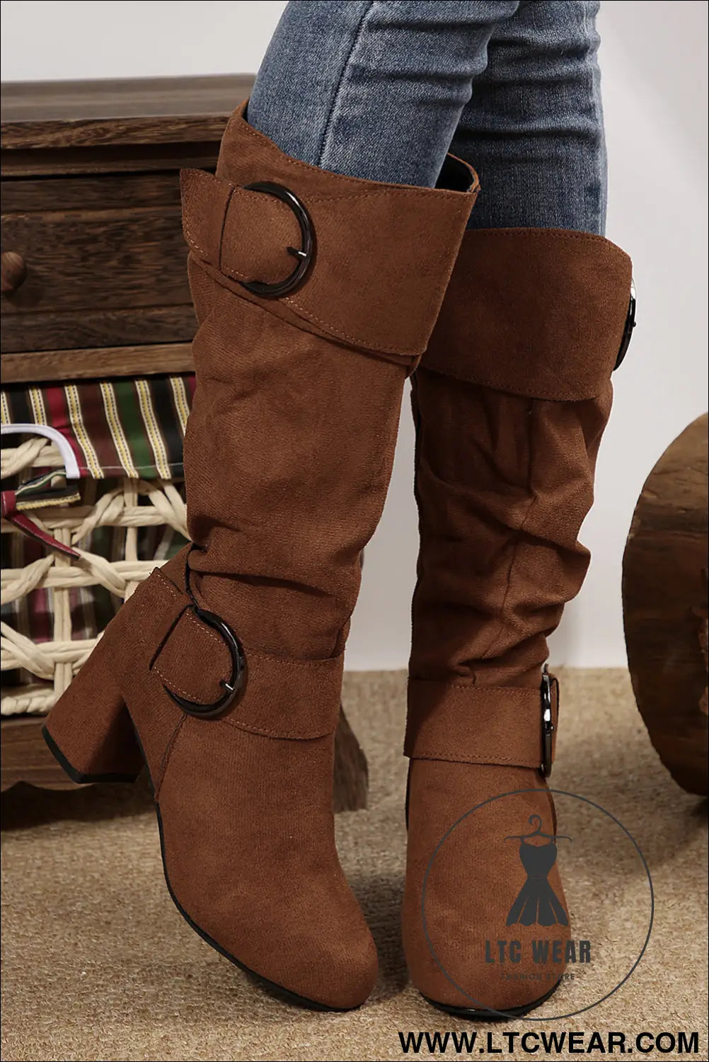 Coffee suede double buckled side zipped mid-calf boots - boots