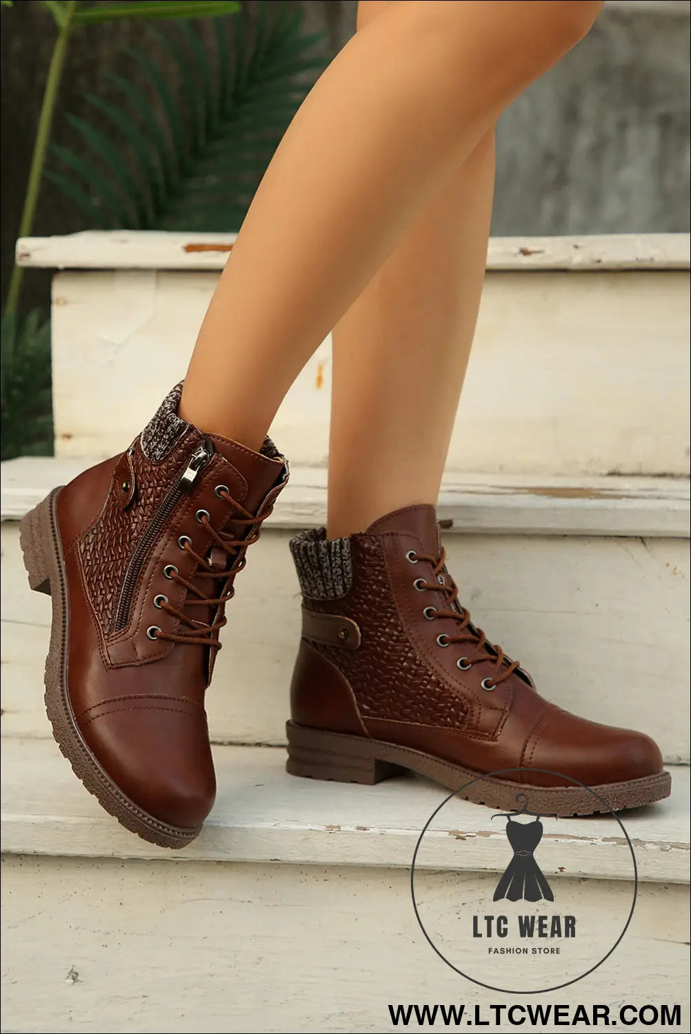 Coffee suede patchwork lace up combat boots - boots