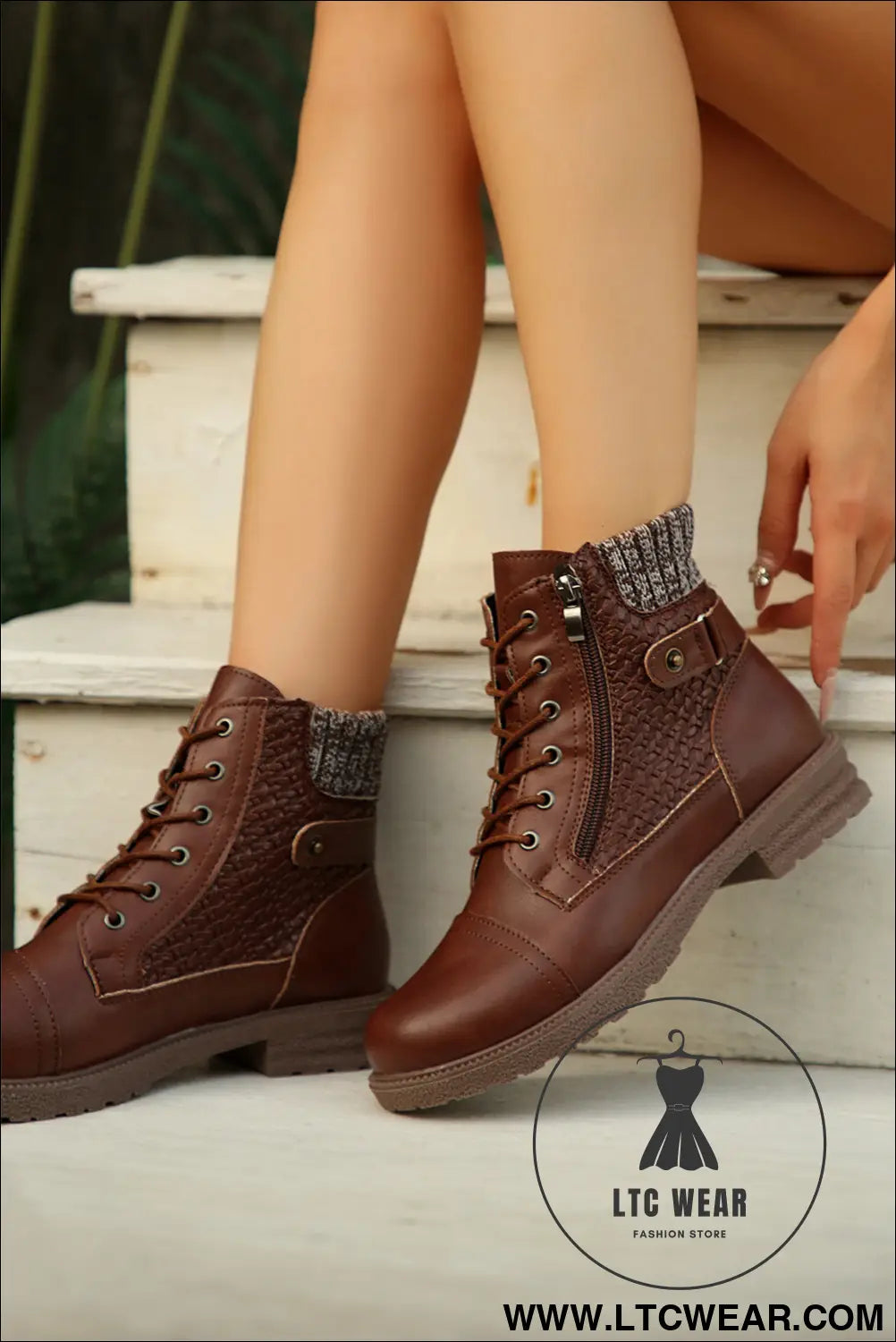 Coffee suede patchwork lace up combat boots - boots