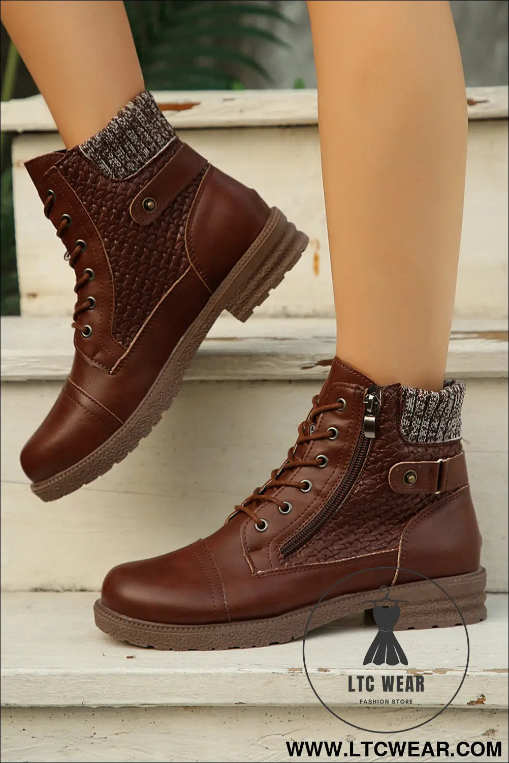 Coffee suede patchwork lace up combat boots - boots