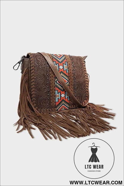 Coffee Western Aztec Bohemian Tassel PU Leather Bag