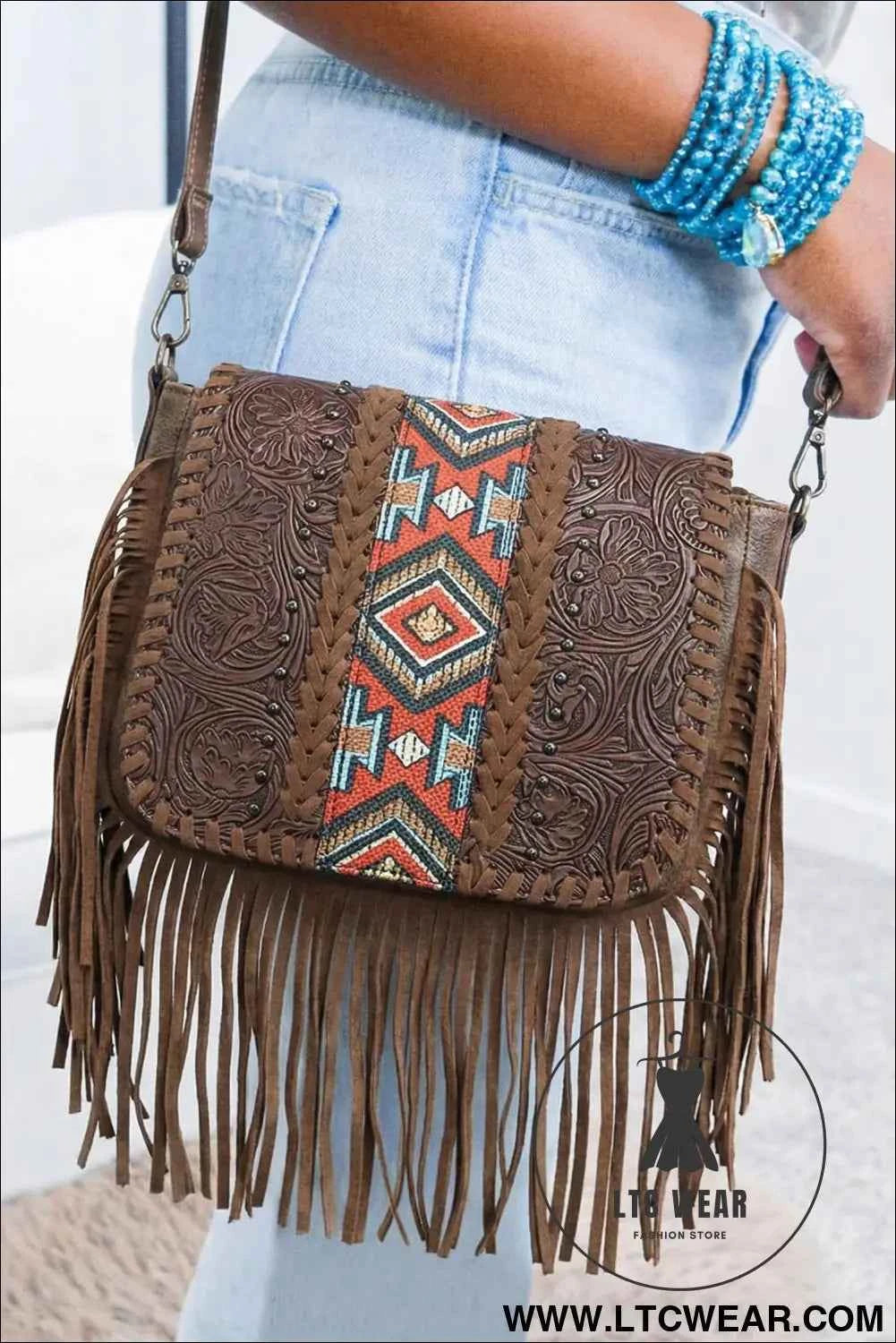 Coffee Western Aztec Bohemian Tassel PU Leather Bag