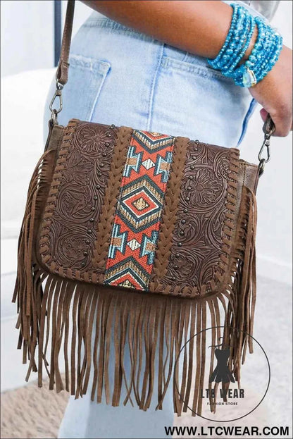 Coffee Western Aztec Bohemian Tassel PU Leather Bag