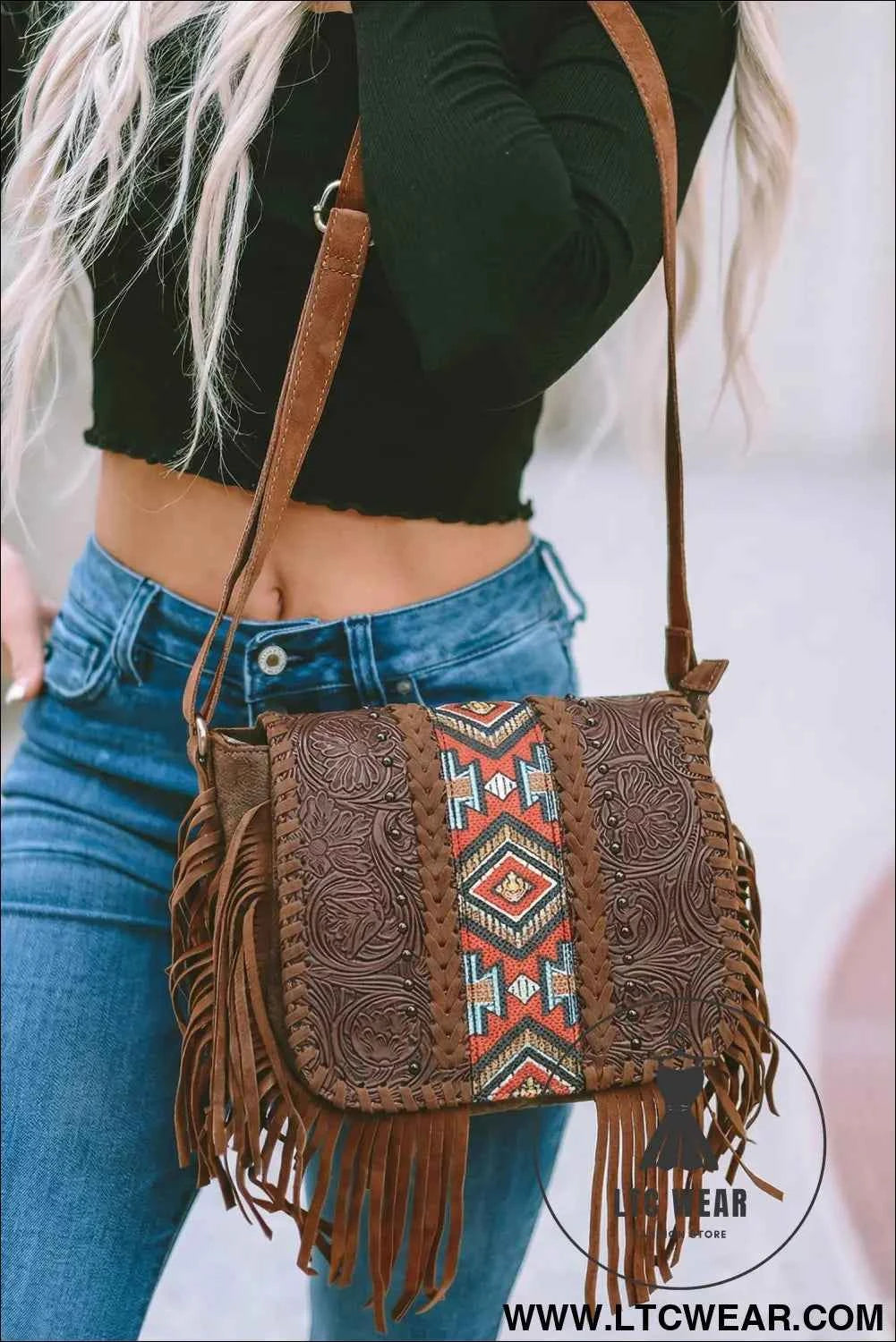 Coffee Western Aztec Bohemian Tassel PU Leather Bag