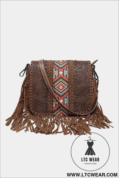 Coffee Western Aztec Bohemian Tassel PU Leather Bag
