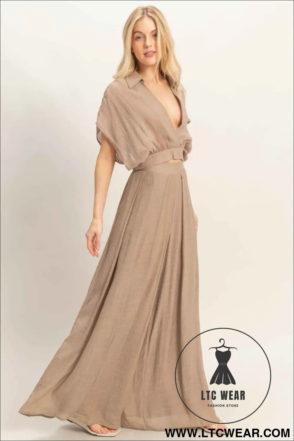 Collared Wrap Top & Wide-leg Pants Set