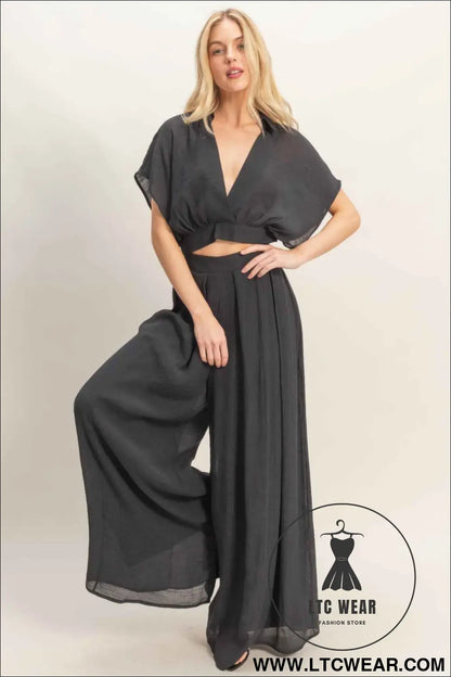 Collared Wrap Top & Wide-leg Pants Set