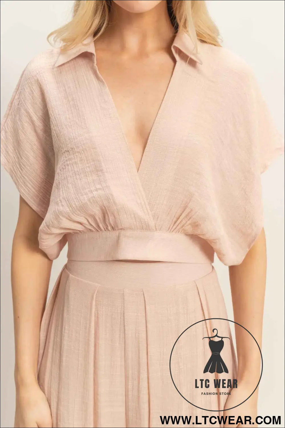 Collared Wrap Top & Wide-leg Pants Set
