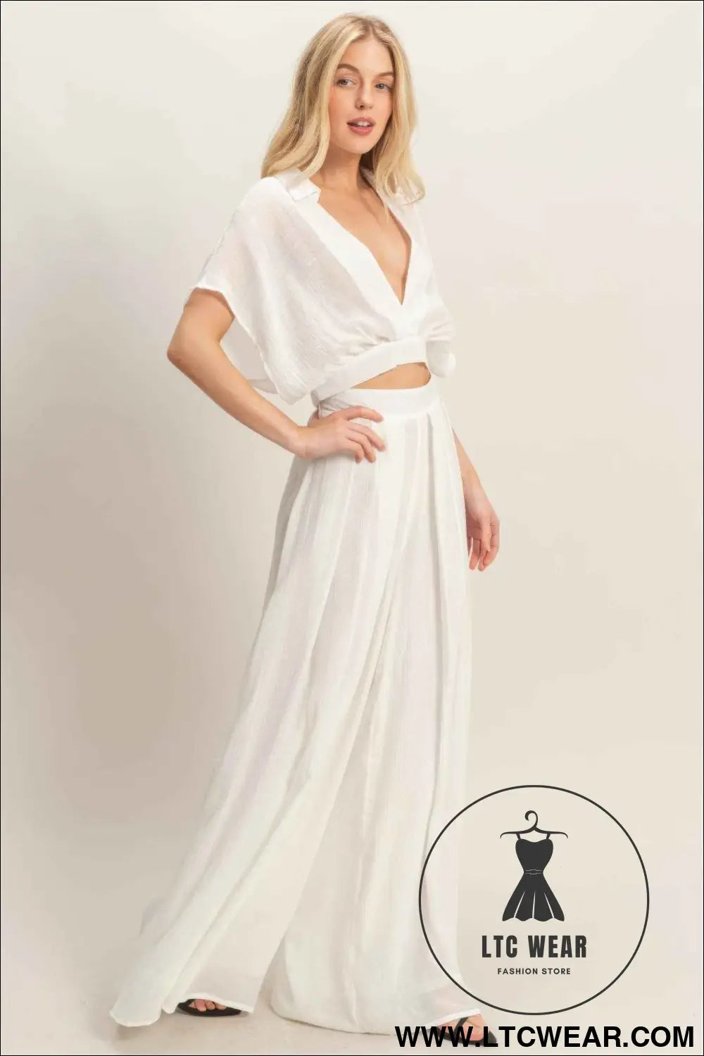 Collared Wrap Top & Wide-leg Pants Set
