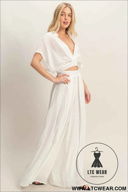 Collared Wrap Top & Wide-leg Pants Set