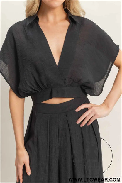Collared Wrap Top & Wide-leg Pants Set