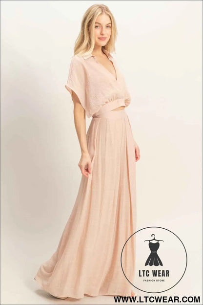 Collared Wrap Top & Wide-leg Pants Set