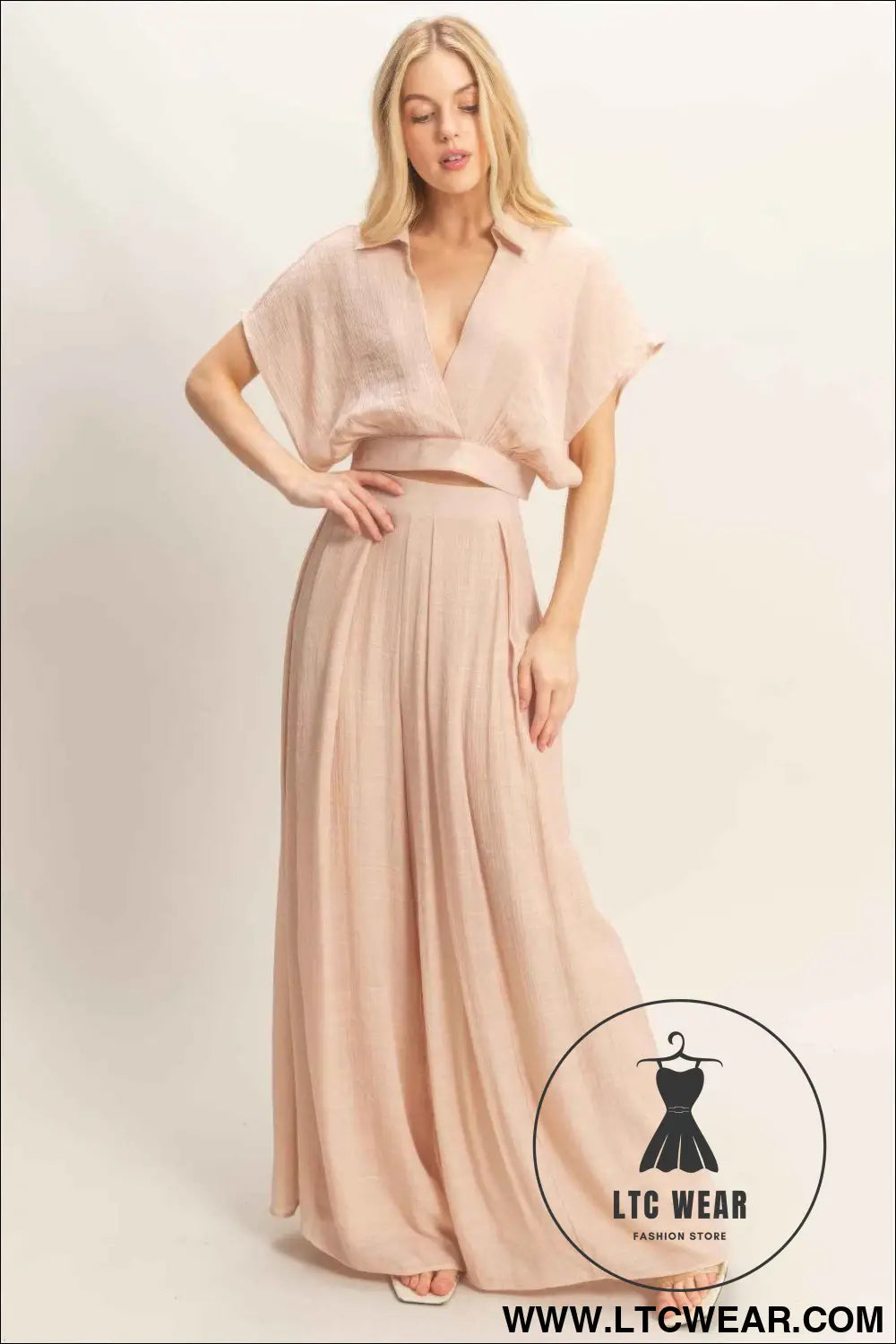 Collared Wrap Top & Wide-leg Pants Set