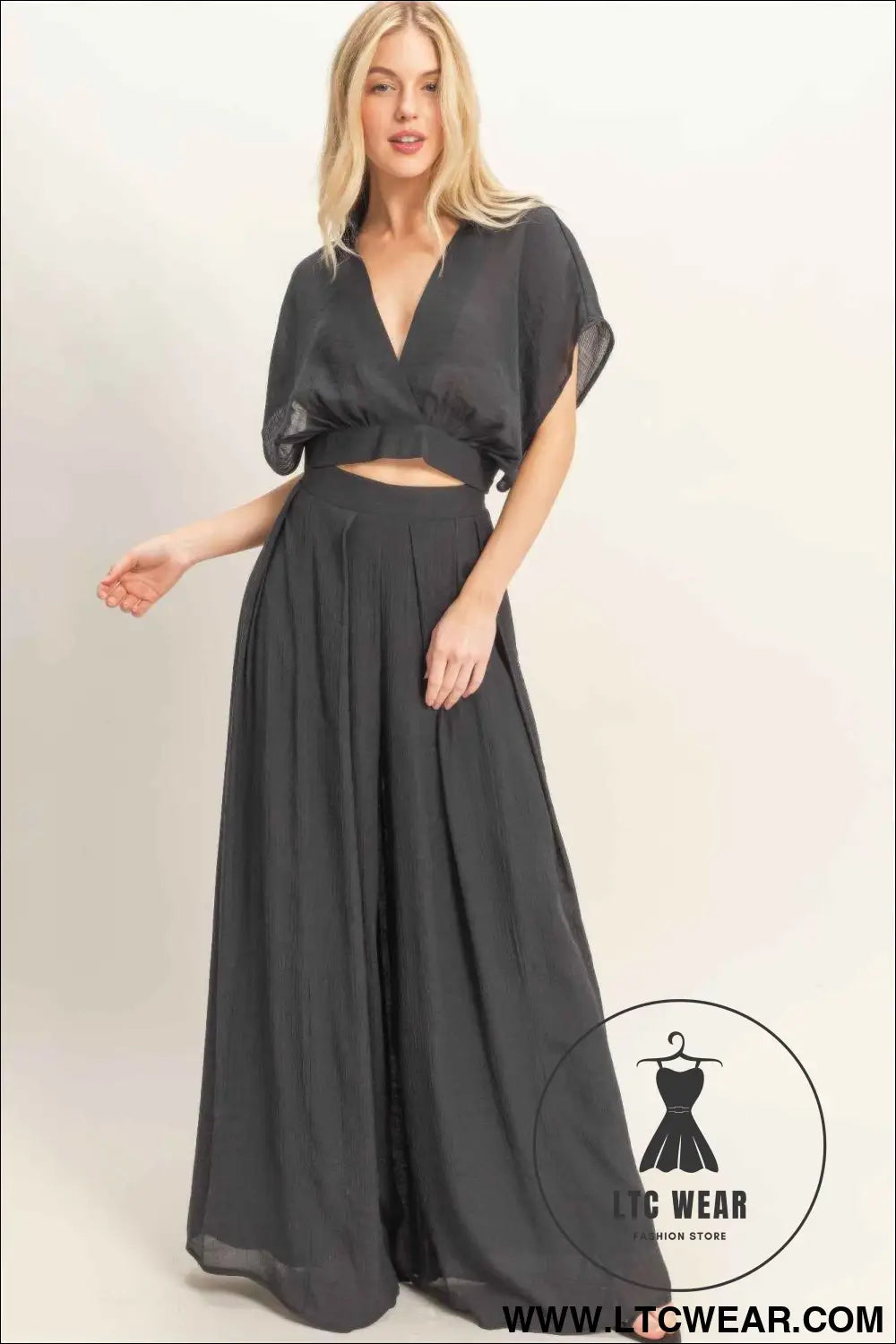 Collared Wrap Top & Wide-leg Pants Set