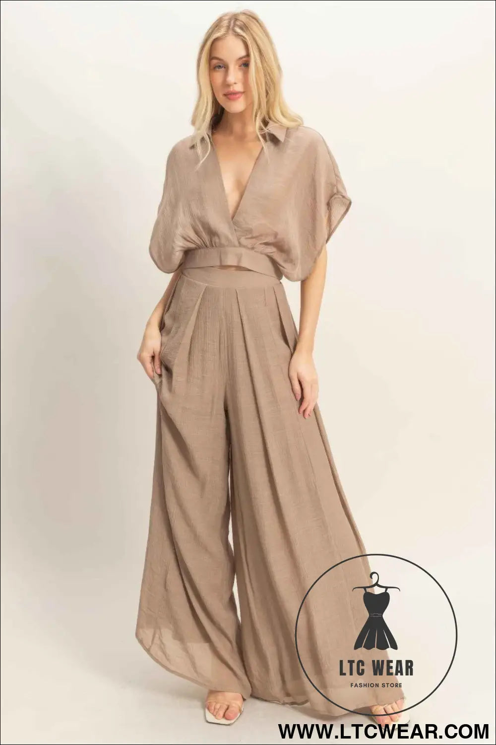 Collared Wrap Top & Wide-leg Pants Set