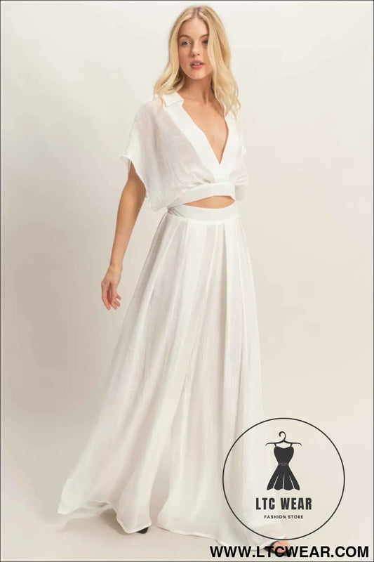 Collared Wrap Top & Wide-leg Pants Set