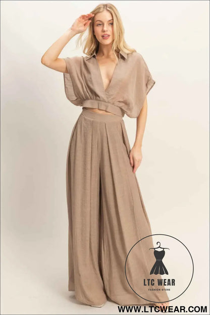Collared Wrap Top & Wide-leg Pants Set
