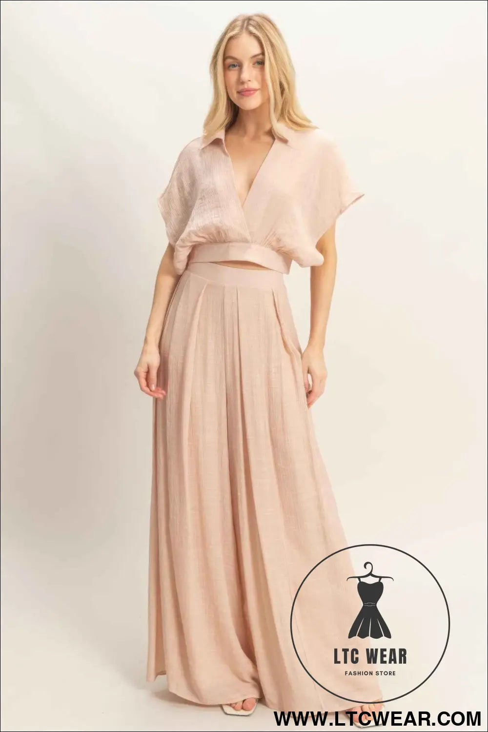 Collared Wrap Top & Wide-leg Pants Set