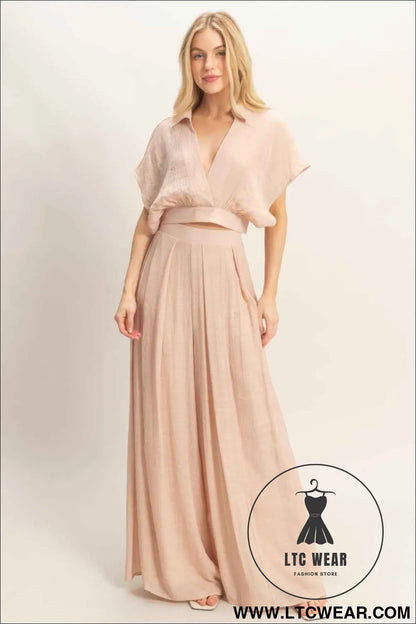 Collared Wrap Top & Wide-leg Pants Set