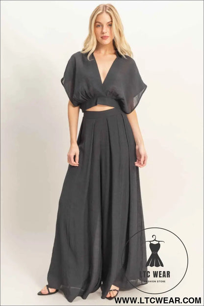 Collared Wrap Top & Wide-leg Pants Set