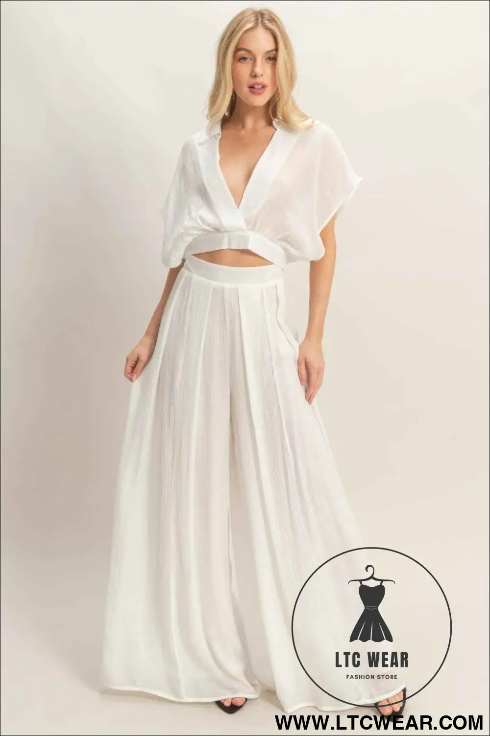 Collared Wrap Top & Wide-leg Pants Set