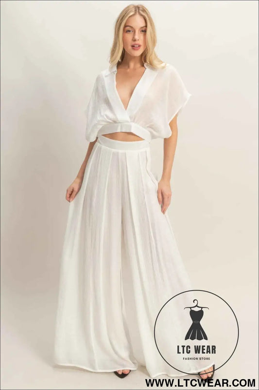 Collared Wrap Top & Wide-leg Pants Set