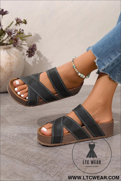 Color black Contrast Stitch Crossed Band Retro Platform Slippers - L.T.C Wear Online Fashion Store