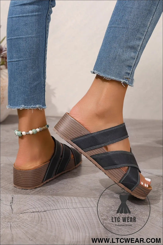 Color black Contrast Stitch Crossed Band Retro Platform Slippers - L.T.C Wear Online Fashion Store