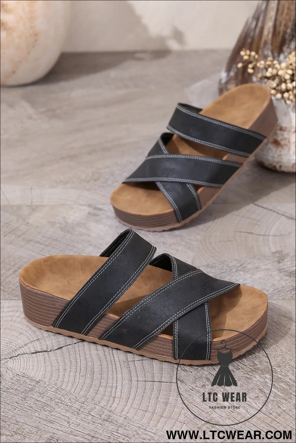 Color black Contrast Stitch Crossed Band Retro Platform Slippers - L.T.C Wear Online Fashion Store