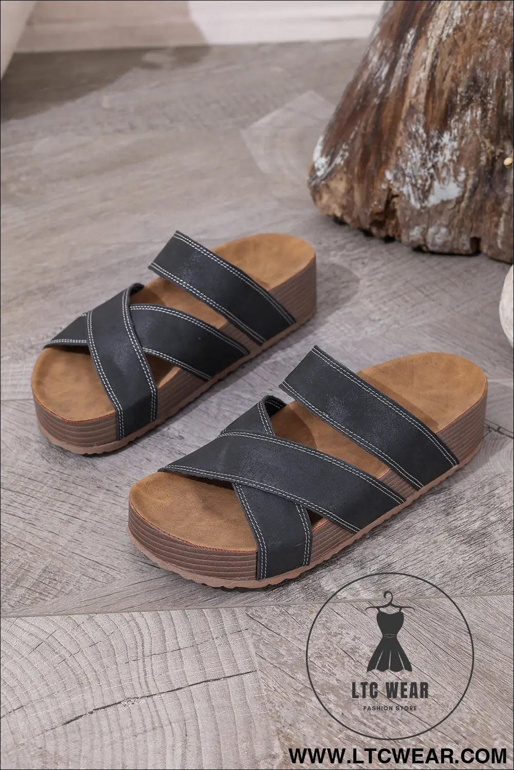 Color black Contrast Stitch Crossed Band Retro Platform Slippers - L.T.C Wear Online Fashion Store