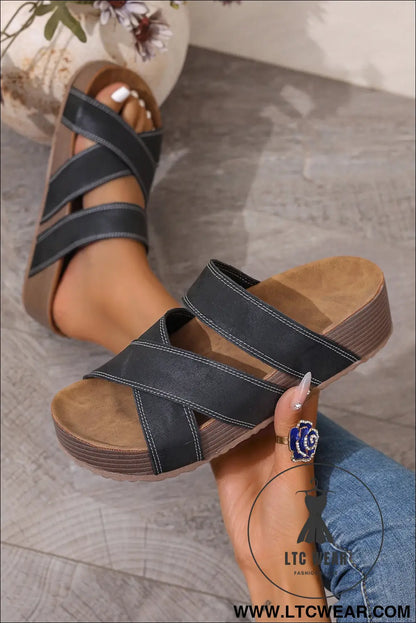 Color black Contrast Stitch Crossed Band Retro Platform Slippers - L.T.C Wear Online Fashion Store