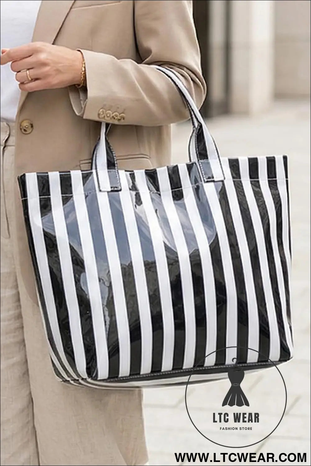 Color black glossy striped vinyl large tote bag - color black / one size / 95% pu + 5% alloy - handbags
