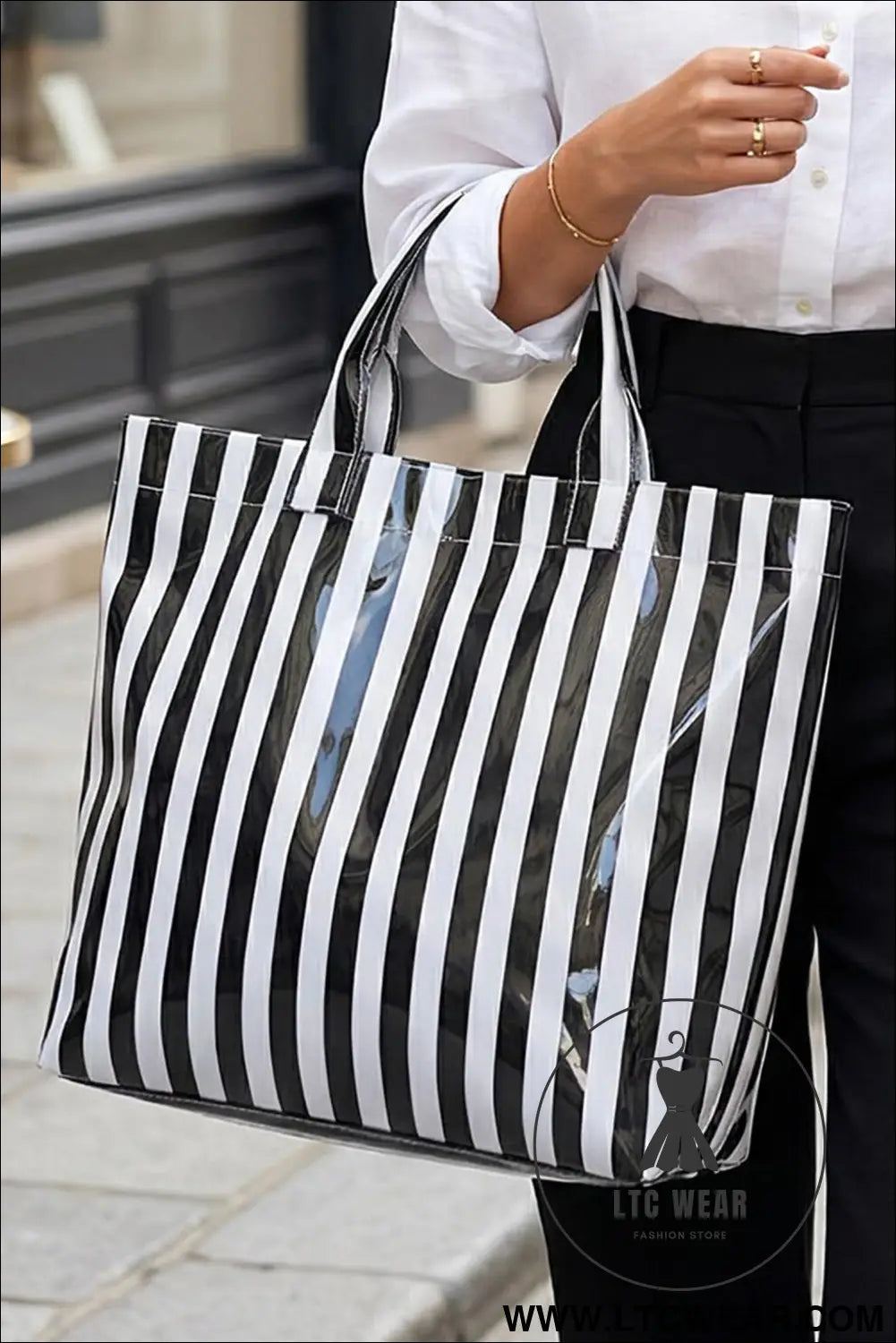 Color black glossy striped vinyl large tote bag - color black / one size / 95% pu + 5% alloy - handbags